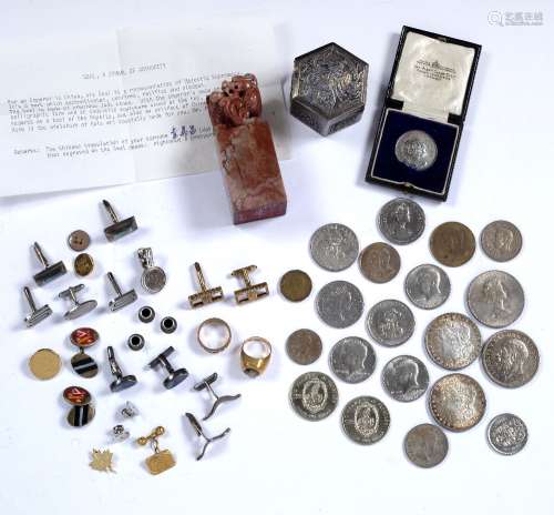Collection of items to include: A boxed Chinese seal, Chinese white metal box, pair of 9ct gold