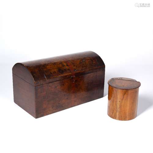 19th Century dome topped tea caddy burr walnut, with cross banding across the top and body,