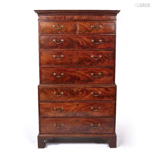 Mahogany tallboy chest George III, with fitted drawers having brass swan neck handles, 108cm