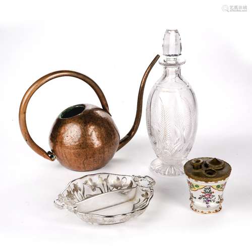 Collection of items to include: Stuart crystal cut glass decanter, silver filigree overlay serving