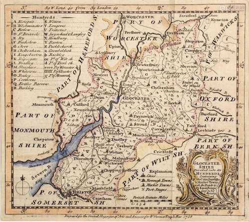 Antiquarian map of Glocestershire (sic) by Eman Bowen, with later hand coloured decoration, 18cm x