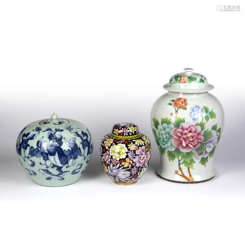 Group of three vases Chinese, to include a lidded Canton vase decorated with flowers to one side and