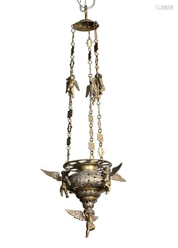 Brass sanctuary lamp with angel mounts, 74cm high, 26cm across