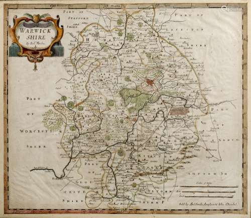 Antiquarian map of Warwickshire engraved by Robert Morden with later hand coloured decoration,