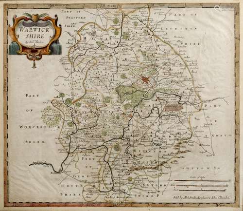 Antiquarian map of Warwickshire engraved by Robert Morden with later hand coloured decoration,