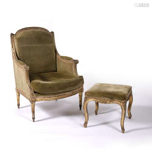 Gilt wood fauteuil and stool French, late 18th/ 19th Century, with classical carved fluted wood