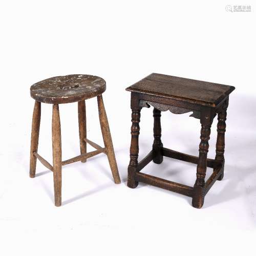 Oak joint stool 44cm across, 29cm deep, 52cm high and one other stool with oval top, 54cm high (2)
