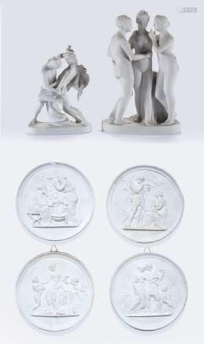 Four Royal Copenhagen Parian ware plaques and two Parian ware figure groups (6)