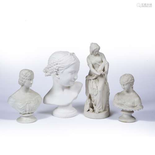 Two Parian style busts late 19th Century, 28cm and 25cm, a similar standing figure 40cm and a