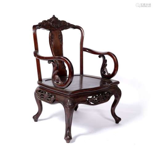 Hardwood carved armchair Chinese, with splat back and open arms on shaped supports, 62cm wide,