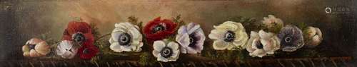 English School Study of poppies, oil on canvas, 16cm x 85cm