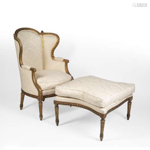 French style armchair and matching footstool with gilt painted finish and cream brocade