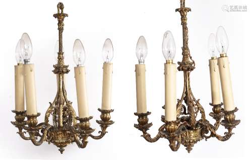 Pair of gilt brass Gothic Revival ceiling lights each with five branches, 40cm high