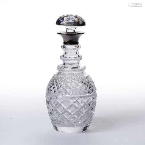 Cut glass wine decanter with hobnail cut decoration and silver collar, bearing marks for Roberts &