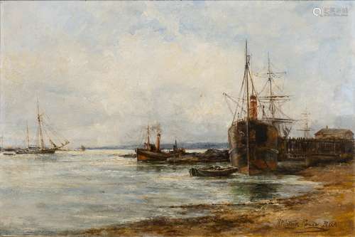 Robert William Arthur Rouse (fl.1882-1929) Busy shipping scene, oil on board, signed, 31cm x 43cm