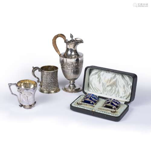 Pair of cased silver table salts with blue glass liners, bearing marks for Joseph Rodgers & Sons,