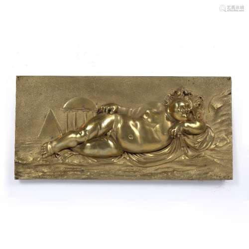 Gilt bronze plaque/panel Italian, 19th Century, depicting in relief a recumbent putti, set against a