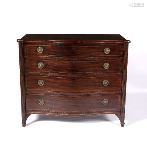 Hepplewhite style mahogany serpentine chest of drawers George III, having reeded sides, beaded edges