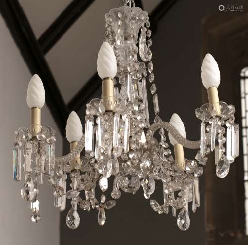 Five branch glass chandelier with rope twist supports, glass lozenge and tear drops, 60cm across x