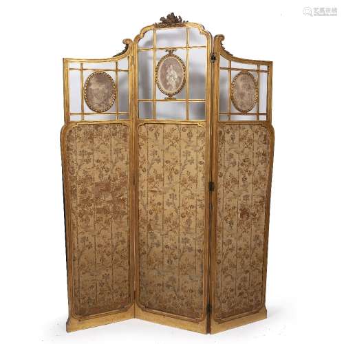 Giltwood three fold screen French, with inset oval panels and silk larger panels below, 144cm