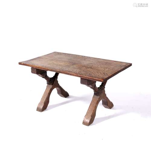 Small oak occasional table with carved base, 61cm x 36cm x 30cm high