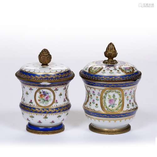 Near pair of French porcelain jars and covers with ormolu mounts decorated with flowers and Sèvres