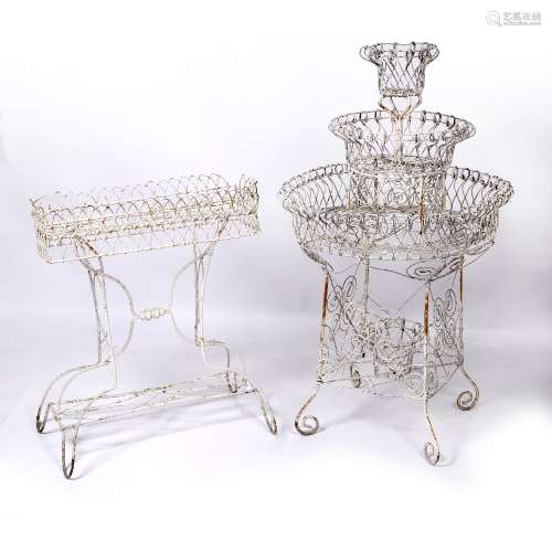 Wirework circular plant stand Victorian, painted white, 114cm high, 66cm diameter and a wirework