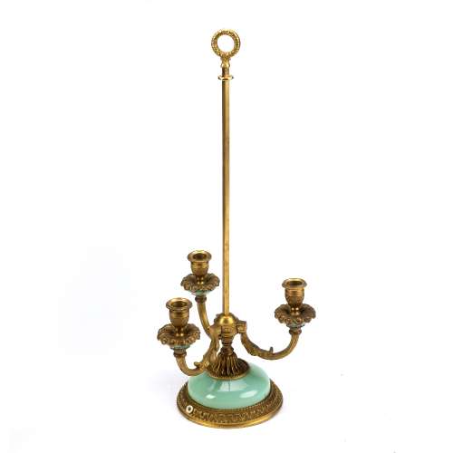 Student's gilt metal and opaline Bouillot lamp French, circa 1900, with three branch candle