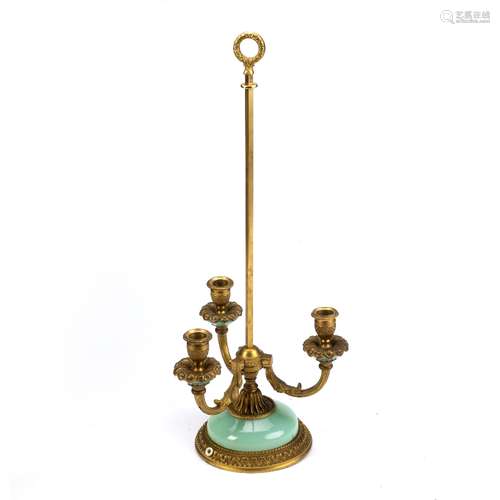 Student's gilt metal and opaline Bouillot lamp French, circa 1900, with three branch candle