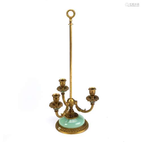 Student's gilt metal and opaline Bouillot lamp French, circa 1900, with three branch candle