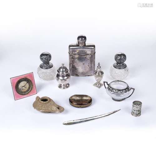 Collection of silver and silver plated items to include: silver mounted hip flask and cover