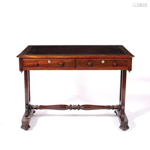 Mahogany writing table 19th Century, with leather inset top on end supports with brass columns, 98cm