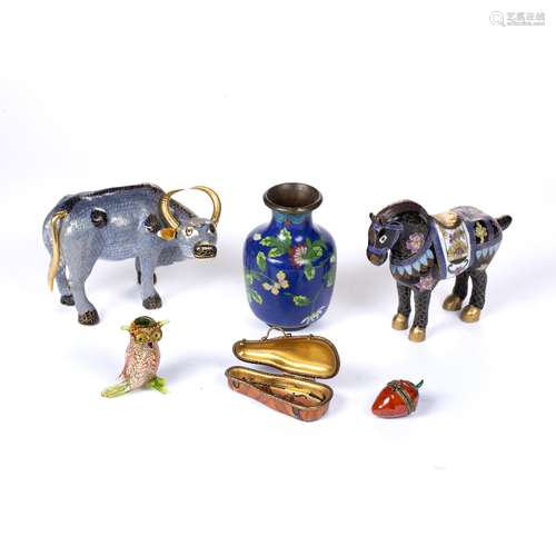 Collection of pieces to include: Two modern cloisonné enamel animals, a vase, Limoges porcelain