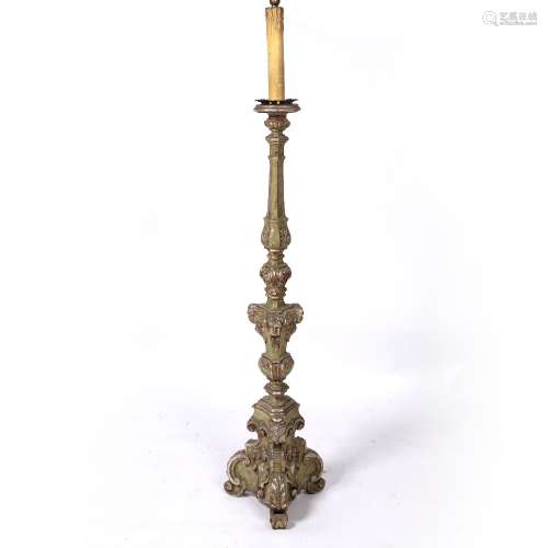 Classical style standard lamp decorated with cherubs, painted in green and silver standing on