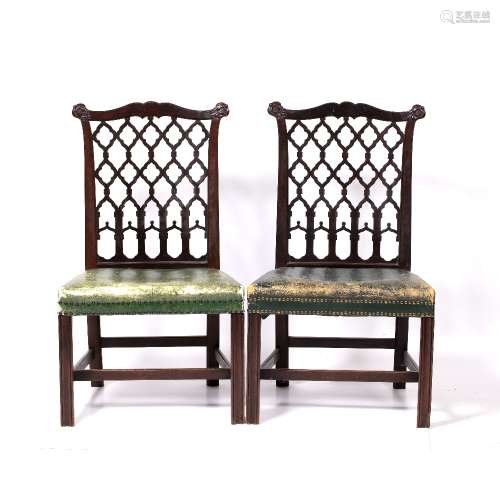 Pair of Chinese Chippendale style chairs circa 1900, each with lattice back and green