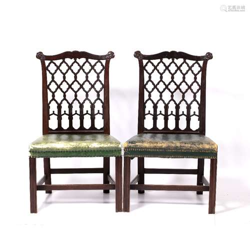 Pair of Chinese Chippendale style chairs circa 1900, each with lattice back and green