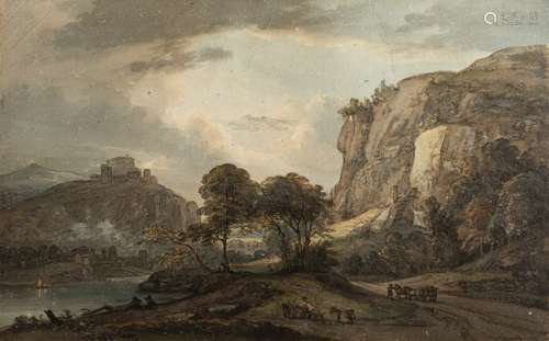 Paul Sandby RA (British,1731-1809) A capriccio landscape in North Wales with hilltop buildings to