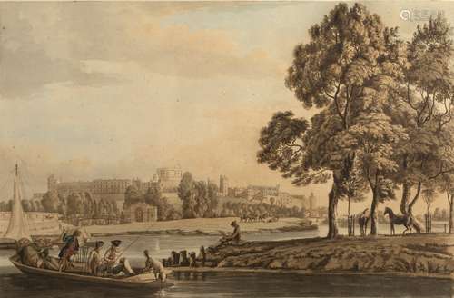 Paul Sandby Windsor Castle from the Thames, aquatint engraving, hand coloured, 29.5cm x 45cm