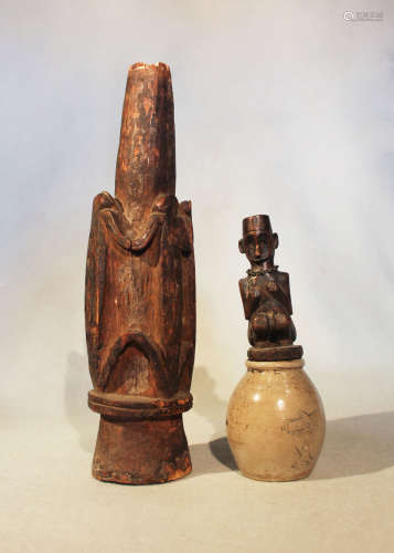 A Yam wood figure Nggwal , Wosera area, Southern Abelam Tribe, 12.5cm high, in an associated ceramic