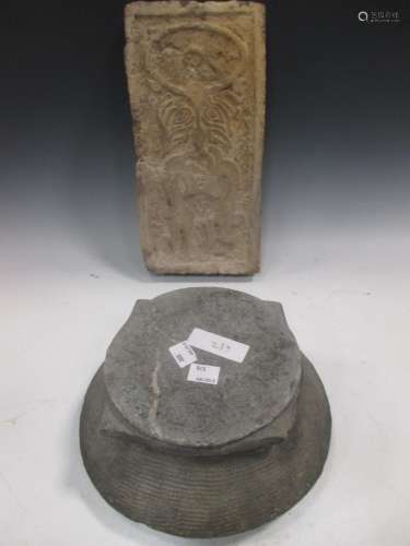 A Chinese grey stone basket and cover, perhaps archaic, 15cm high and a grey pottery brick, Han