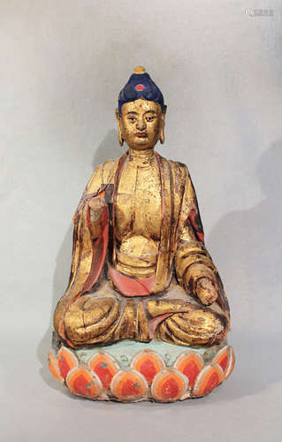 A Chinese Pottery/straw mix figure of Buddha seated in meditation on lotus dais, in Ming style,