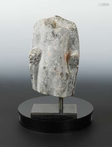 A Chinese white marble fragmentary torso of a Buddhist deity, in Sui Dynasty style, 21.5cm high
