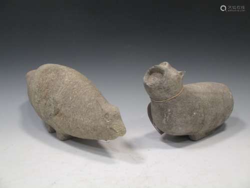 A pair of Chinese grey stone (granite) mythical chimera like beasts, a hippopotamus, 26cm long and a