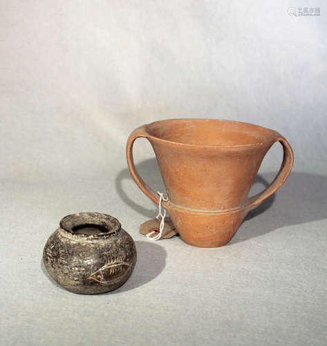 Two Chinese vases, red pottery, two handled conical vase, Han type, 11cm; and a grey pottery small