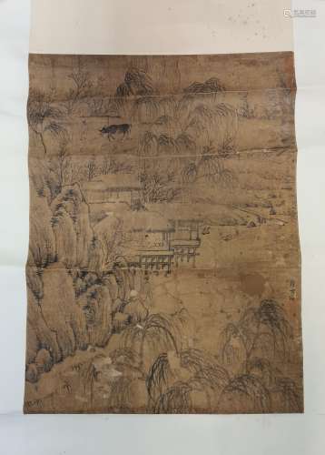 A Chinese painting, perhaps late Ming/Qing Dynasty, painted with scholars in a pavilion by a lake