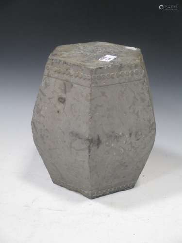A Chinese carved grey stone hexagonal drum stand, 18th/19th century, modelled as a small garden