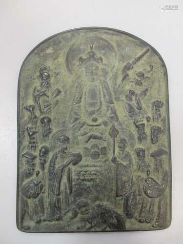 A Chinese bronze Buddhist plaque, arched rectangular, probably 19th century cast in low relief