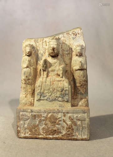 A Chinese green stone Buddhist triad stele, in Wei Dynasty style, 17cm high