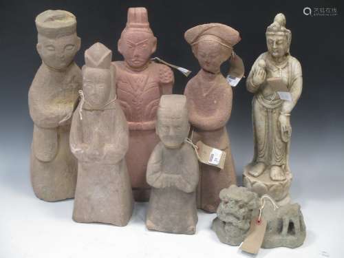 A group of eight Chinese carved stone items, 19/20th century, including figures, an animal, and a