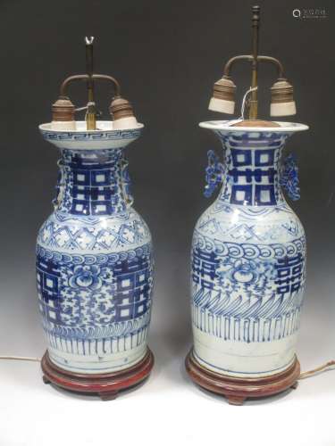 Two Chinese blue and white porcelain decorative vases, Republic Period, as lamps, 41cm and 41.5 cm